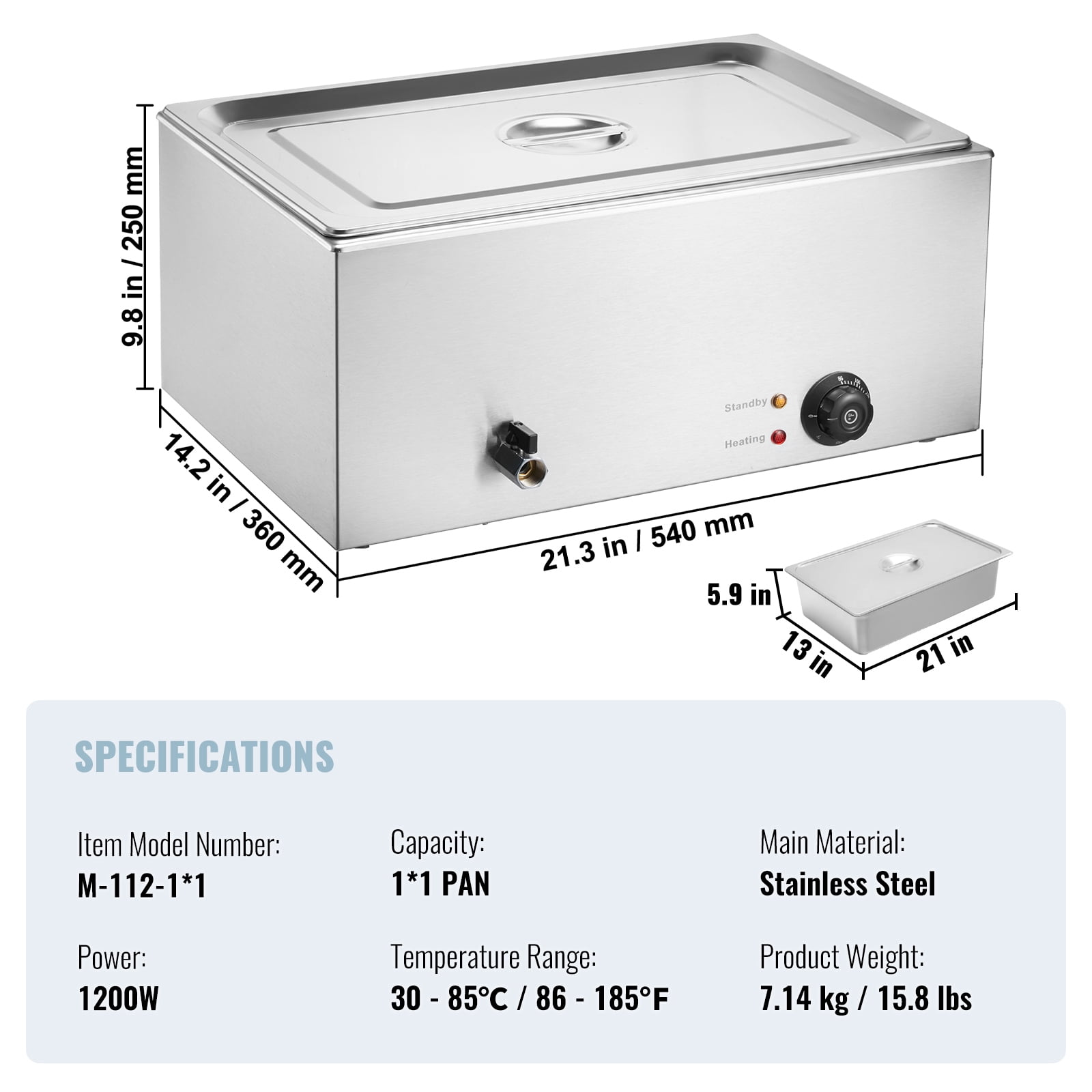 KFFKFF Professional Food Heating Station, 19QT Single Electric Steam Counter, 1200W, Stainless Steel Buffet Server with Temperature Adjustment 86-185°F for Event Catering, Silver