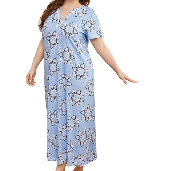 EFINNY Women's Nightgown V Neck Loungewear Plus Size Short Sleeves Shirt Casual Print Sleep Dress