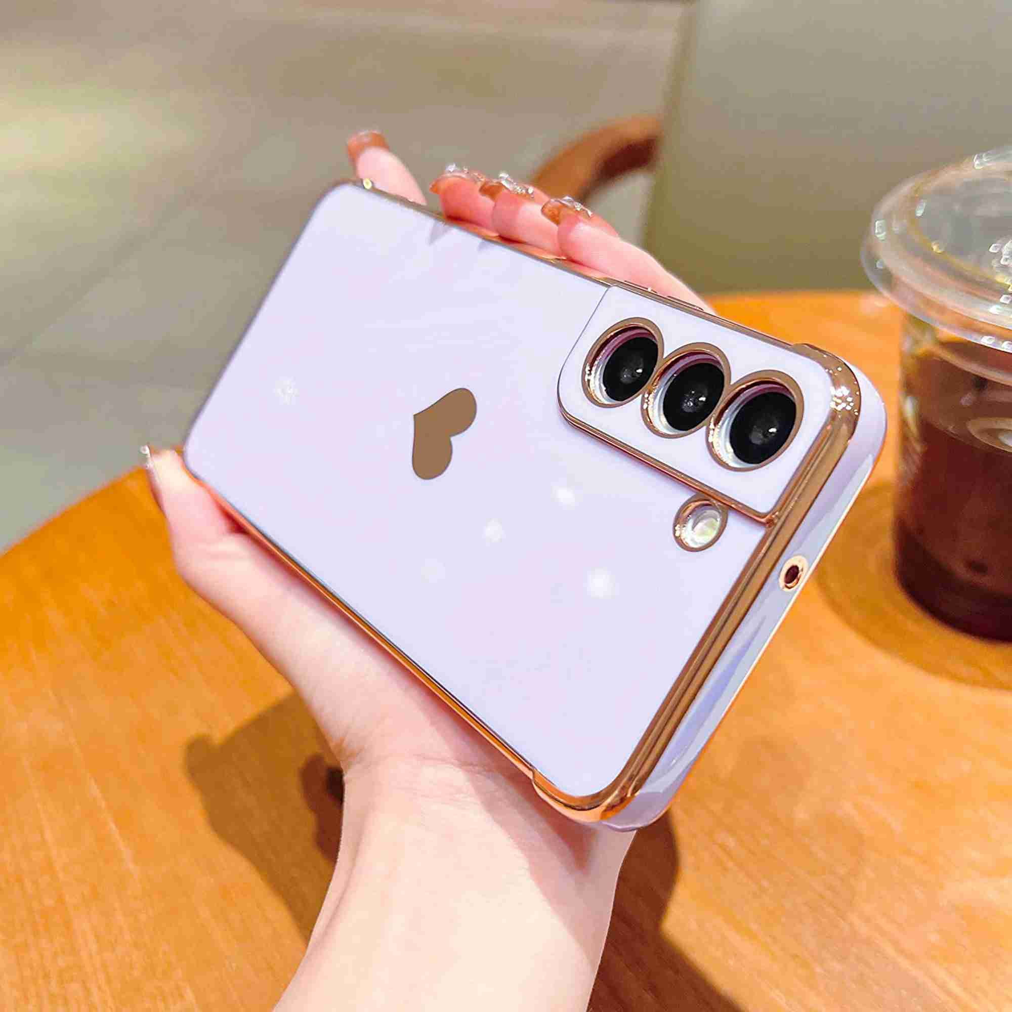 Dteck for Samsung Galaxy S22 5G Case, Shockproof Cute Luxury Love Heart Plating Phone Case Full Camera Protection Raised Reinforced Corners Cover, Purple