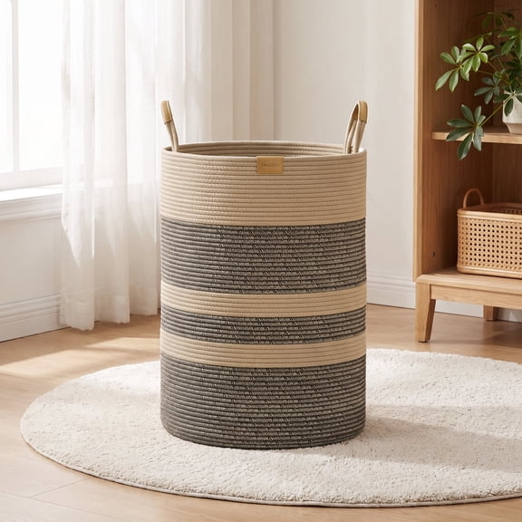 Nunsino 95L Cotton Rope Laundry Basket Hamper with Leather Handles, Large Storage Basket, Dark Brown Stripes