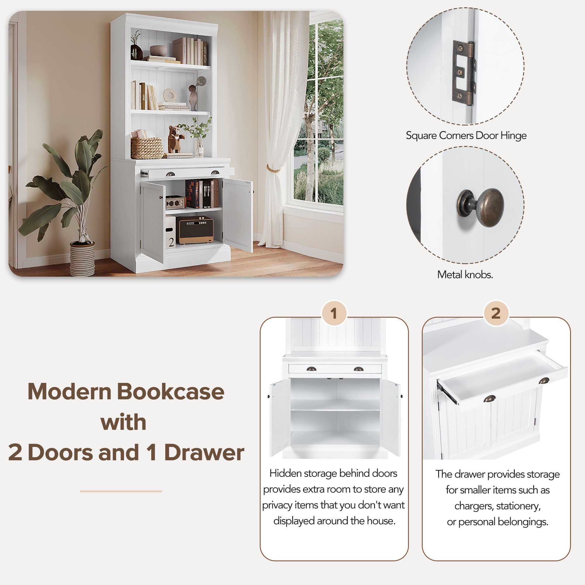 PORKISS Bookcase with Doors, Wooden Tall Bookshelf with LED Light and Storage, Modern Display Shelf with Drawer and Open Shelves for Living Room, Home Office, White