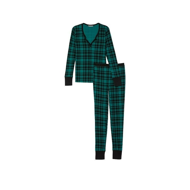 XXL VICTORIA S SECRET Thermal Long Pajama Set Green Buffalo Check Semi fitted New