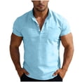 thumbnail image 2 of Sakmal Breathable Men's and Big Men's Polo Shirts Linen Button Down Short Sleeve Tshirts Blue Solid Business Casual Mens Shirts 4XL, 2 of 8