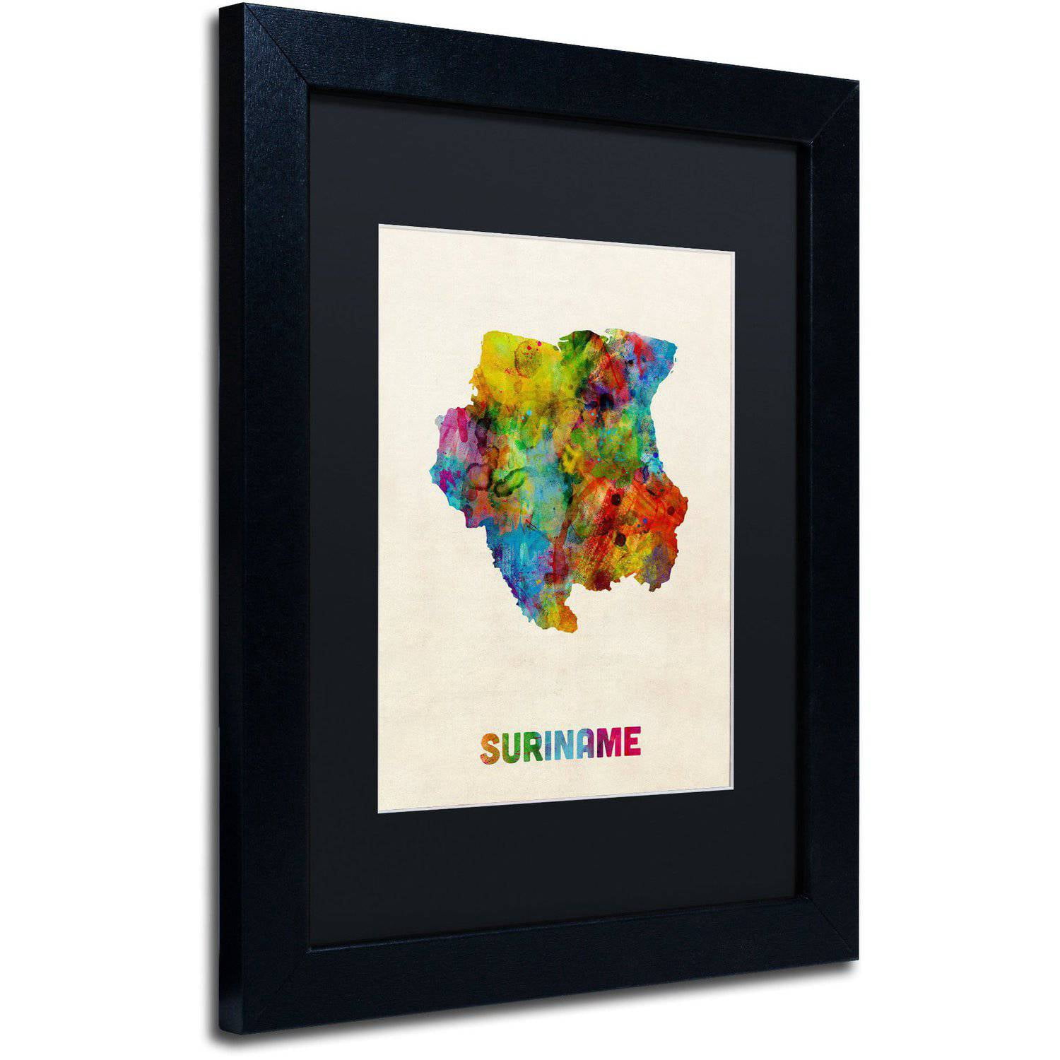 Trademark Fine Art "Suriname Watercolor Map" Canvas Art by Michael Tompsett Black Matte, Black Frame