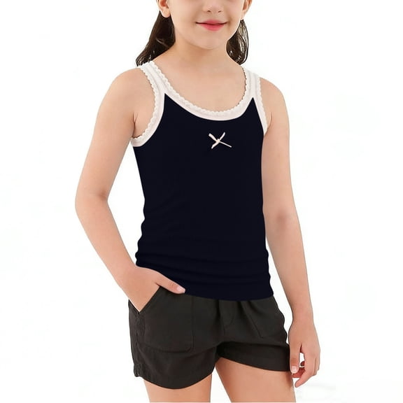 BLTIBY Girls Cotton Tank Tops Summer Sleeveless Bow Ribbed Tanks Shirts Lace Trim Sports Undershirts for Kids 2-10 Years