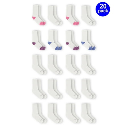 Fruit of the Loom Girls Socks, 20 Pack Crew Durable Cushioned, Sizes S-L
