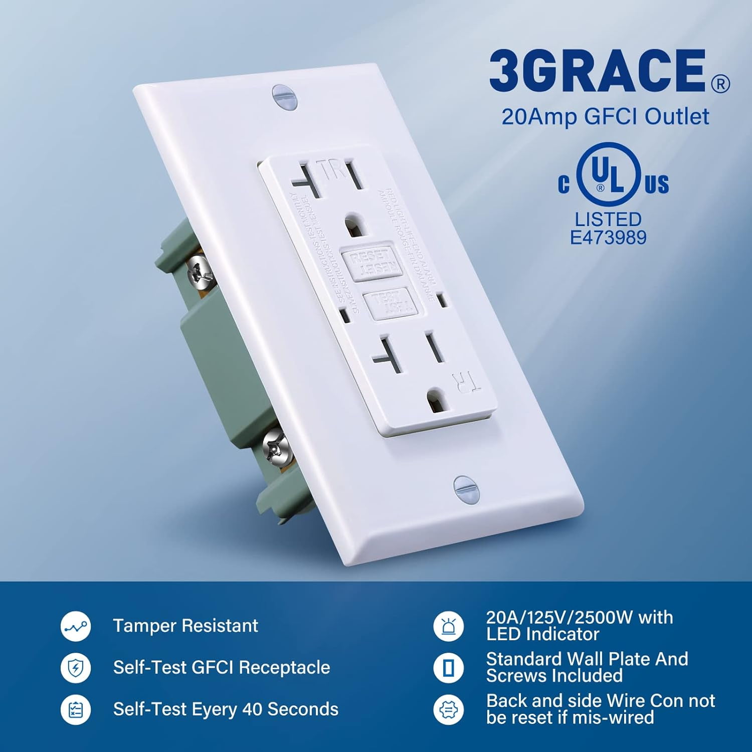 3GRACE 20 Amp GFCI Outlet, Tamper-Resistant GFI Receptacle with LED Indicator, Self-Test Ground Fault Circuit Interrupter, Decorator Wall Plates and Screws Included, UL Listed, White (10 Pack)