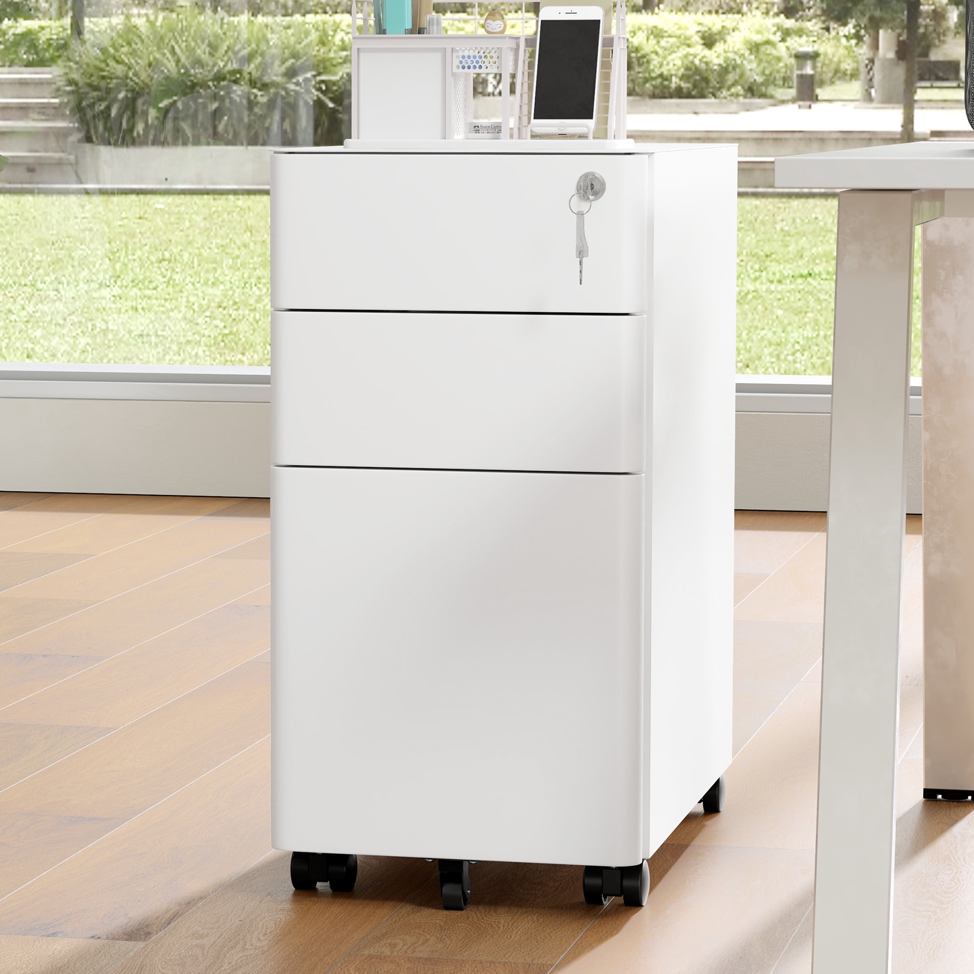 Dextrus 3-Drawer Lockable File Cabinet for A4/Letter/Legal Size Folder, Home Office, Assembled Except Casters (White)