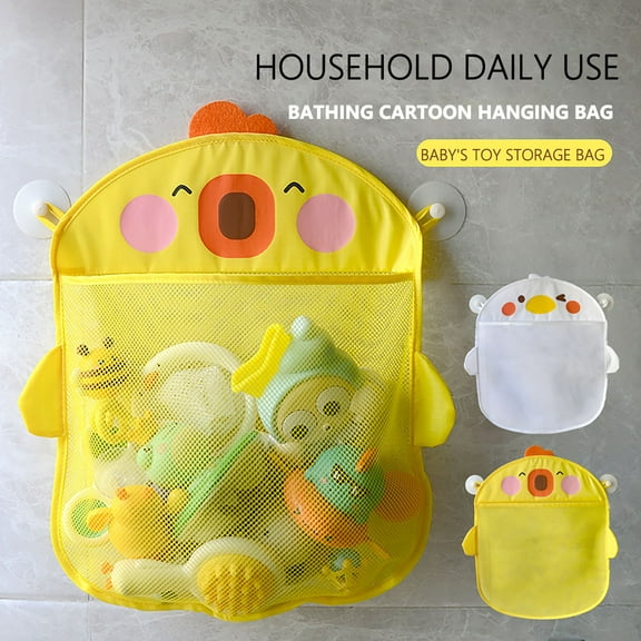 1*Storage Bag, 2*Suction Cups Cartoon Duck Bath and Water Toy Storage Bag Bathroom With Vacuum Cleaner Durable Mesh Bag Design Strong Wall Absorption Home Textile Storage