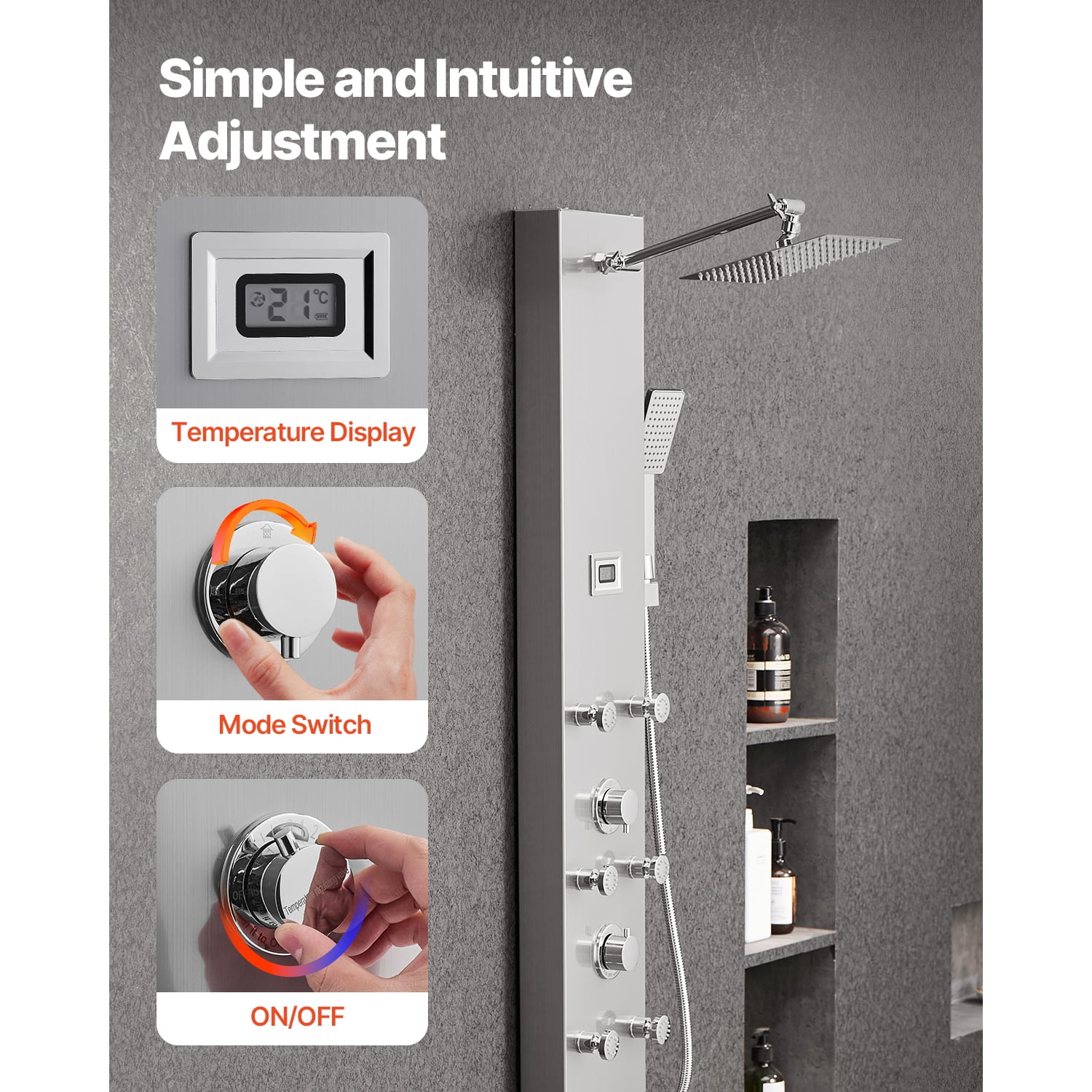 KFFKFF Shower Panel Tower System, 49 in Brushed Stainless Steel, Incorporates Rainfall Shower Head, LED, 4-Function Faucet, Wall-Installed Rain Massage System with 6 Body Jets, Handheld
