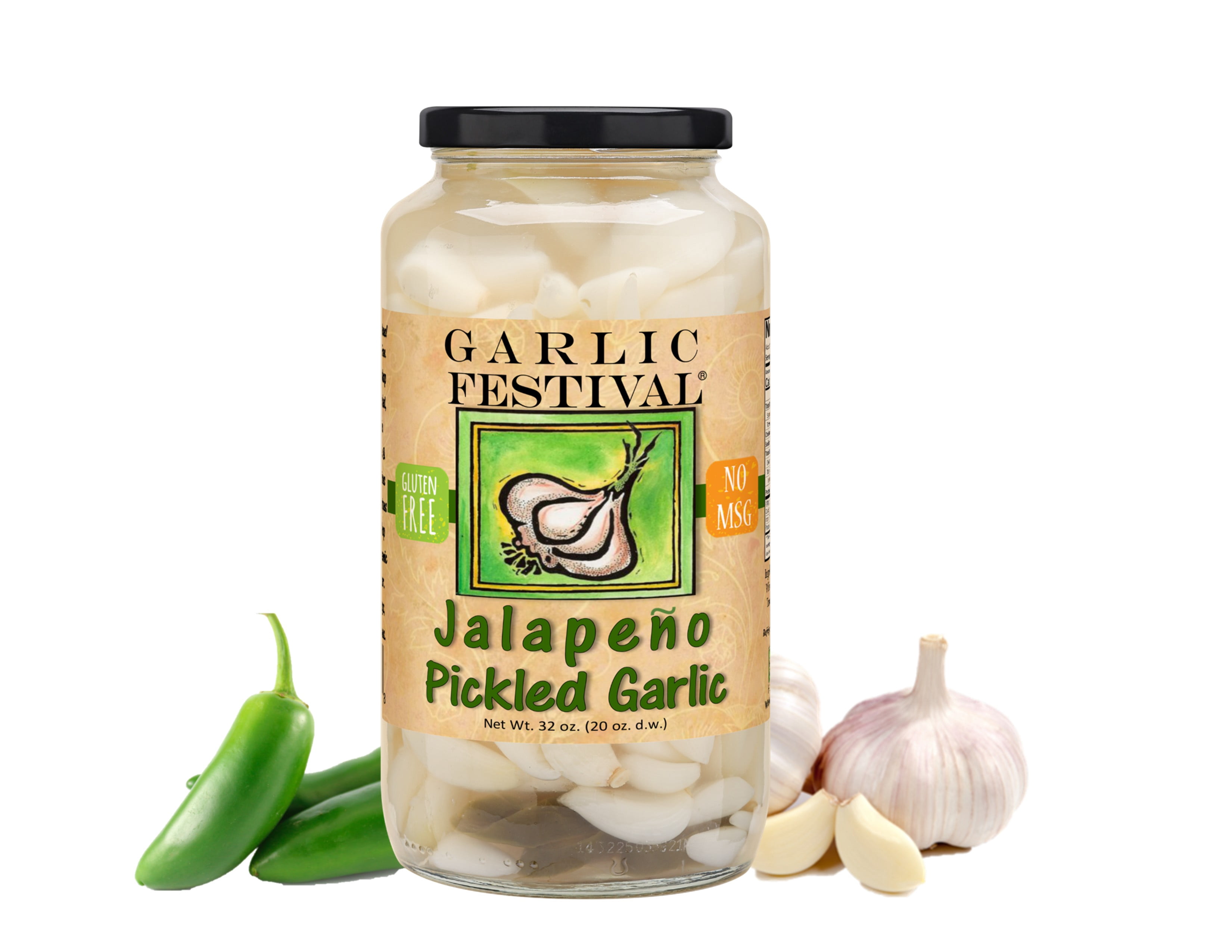 Garlic Festival Jalapeno Pickled Garlic Cloves in a Jar - Jalapeno Pickled Garlic - Fresh Garlic Cloves for Cooking - Freshly Made - Subtly Infused, Pre-Prepared Garlic - Net Wt. 32 oz.