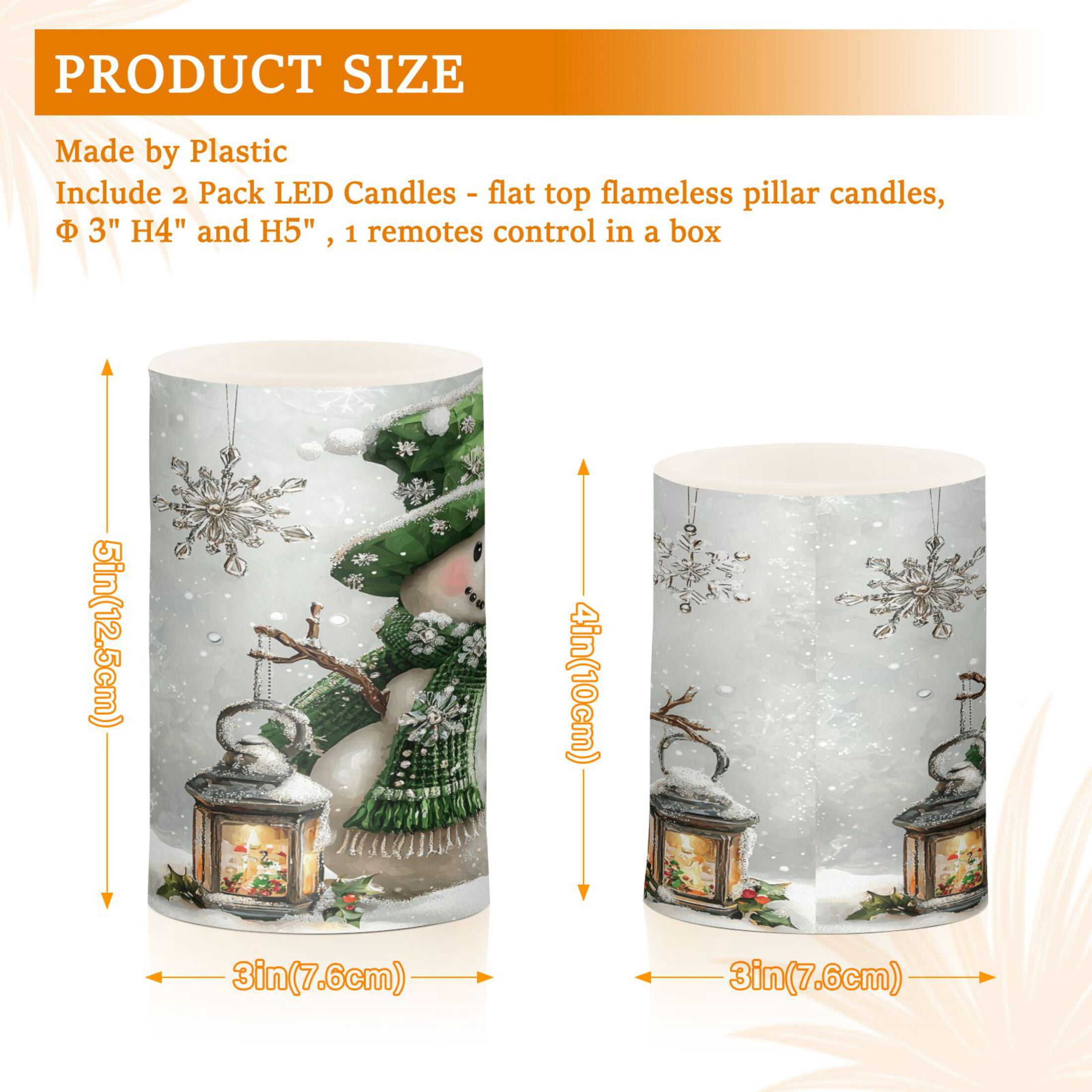 Flickering Flameless LED Candles set of 2 Battery Operated 18-Key Remotes Timer Halloween Fall Decor Snowman with Lamp D3''xH4''5''
