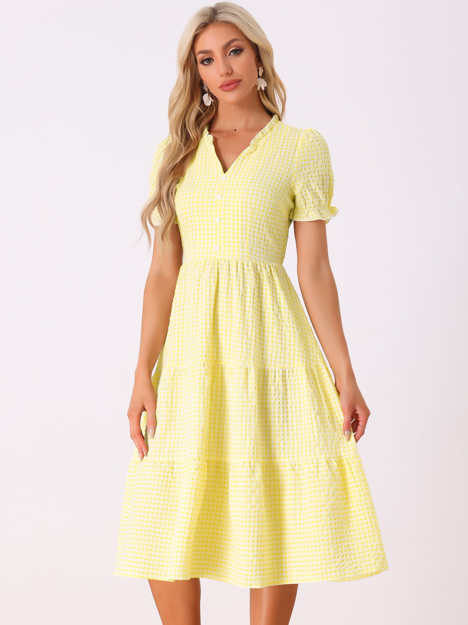 DARING DIVA Women's Gingham Summer Ruffle Trim V Neck Button Decor Dresses XL Yellow