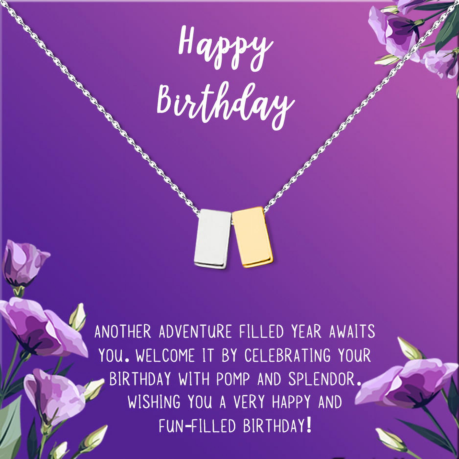 Anavia Happy Birthday Gifts Stainless Steel Fashion Necklace Birthday Card Jewelry Gift for Her, Birthday Gift for Friend-[Silver and Gold Double Cube,Royal Purple Gift Card]