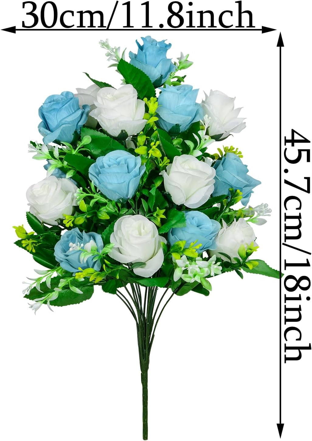Artificial Cemetery Flowers, Set of Artificial Rose Bouquet Graveyard Memorial Flowers with Vase for Cemetery Headstones Decoration (Light Blue&White)