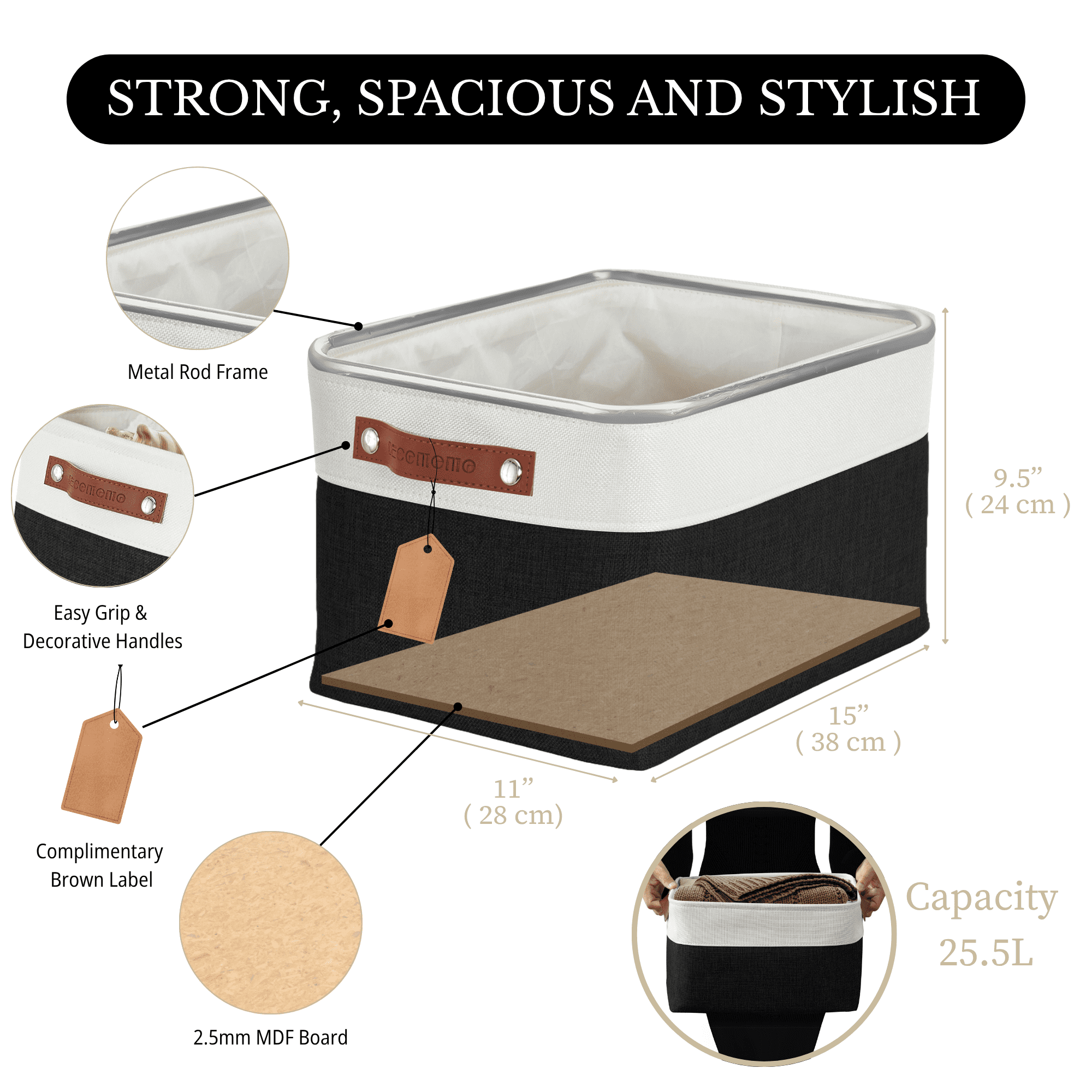 DECOMOMO Large Storage Baskets, Baskets and Bins, Fabric Storage Bins (Black and White, Set of 3)