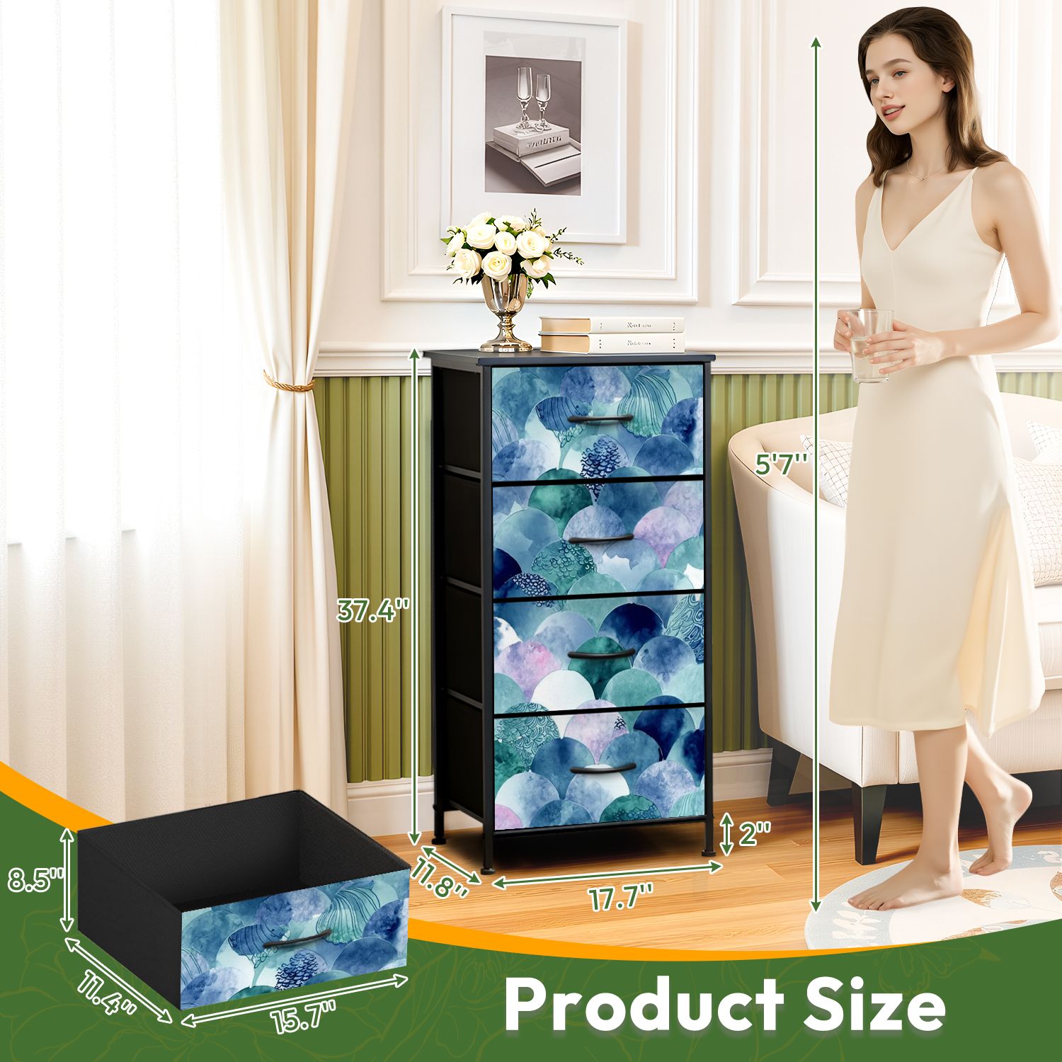 4 Drawer Vertical Storage Dresser Abstract scales Fish skin texture teal turquoise with Wood Top Fabric Pull Drawers