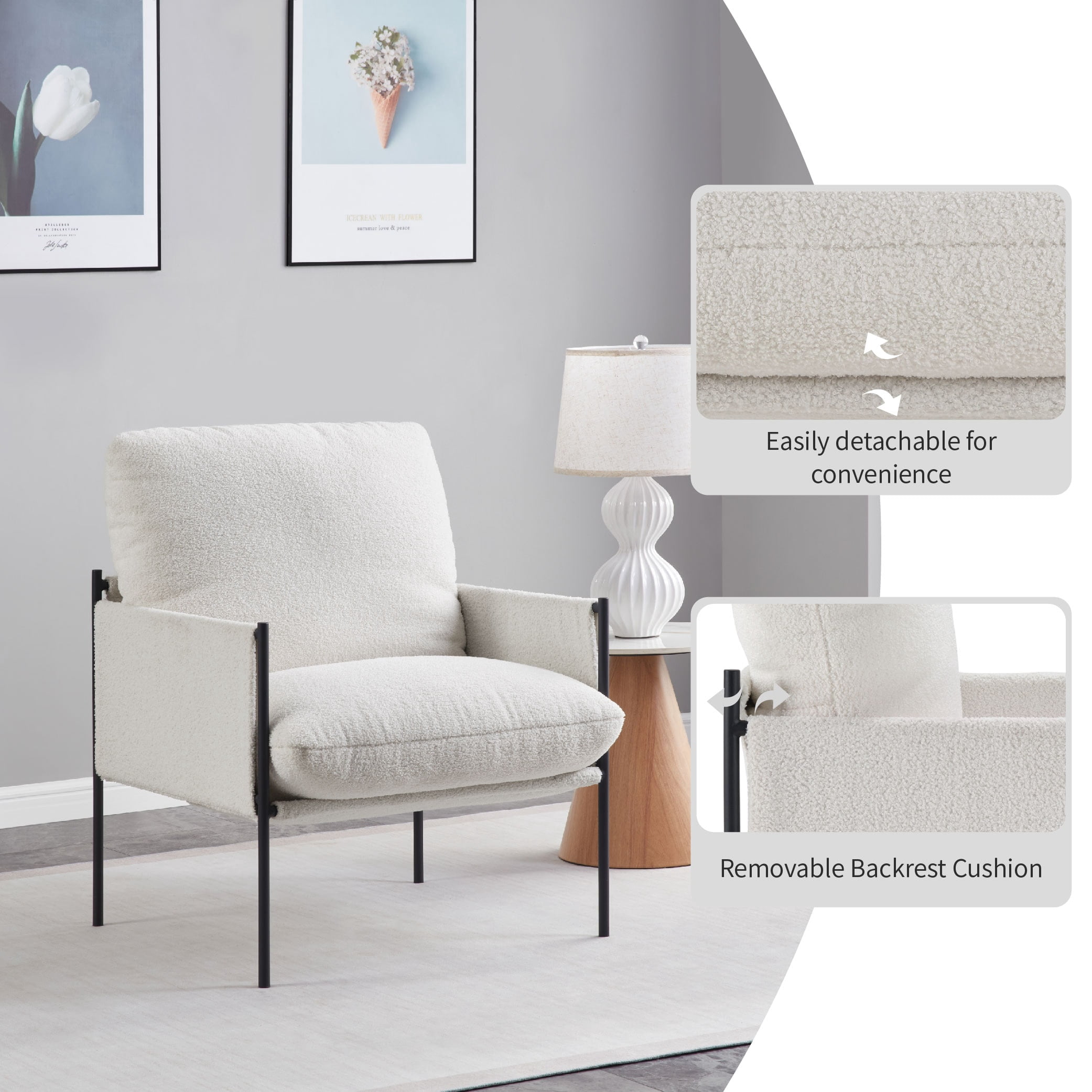 MAYEERTY Modern Accent Chair with Removable Cushion & Wood Armrests,White