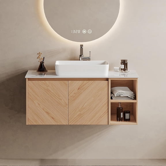 36" Wall Mounted Bathroom Vanity with Sink, Floating Bathroom Sink Cabinet with White Sintered Stone Top, Modern Bathroom Vanity with Cabinet and Open Shelf, Ceramic Basin, Light Wood