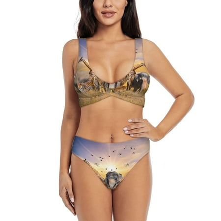 Zeuib Vintage Wildlife Protection High Waisted Tummy Control Bikini Set - Knot Front Push Up Top & Cheeky Thong Bottom  Two-Piece Swimsuit for Women-Small