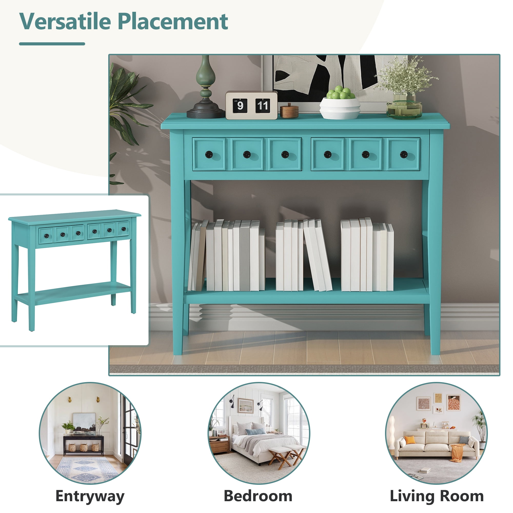 EUROCO 38.2" Console Table,Sofa Table Entryway Table with Rubber Wood Legs,2 Drawers and Open Shelf,Rustic Hallway Accent Table for Living Room, Entrance,Teal