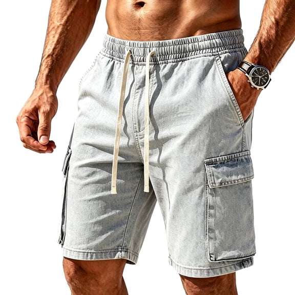 Hurxie Men's Drawstring Elastic Waist Flap Pocket Straight Cargo Jean Denim Shorts Light Blue,XXS