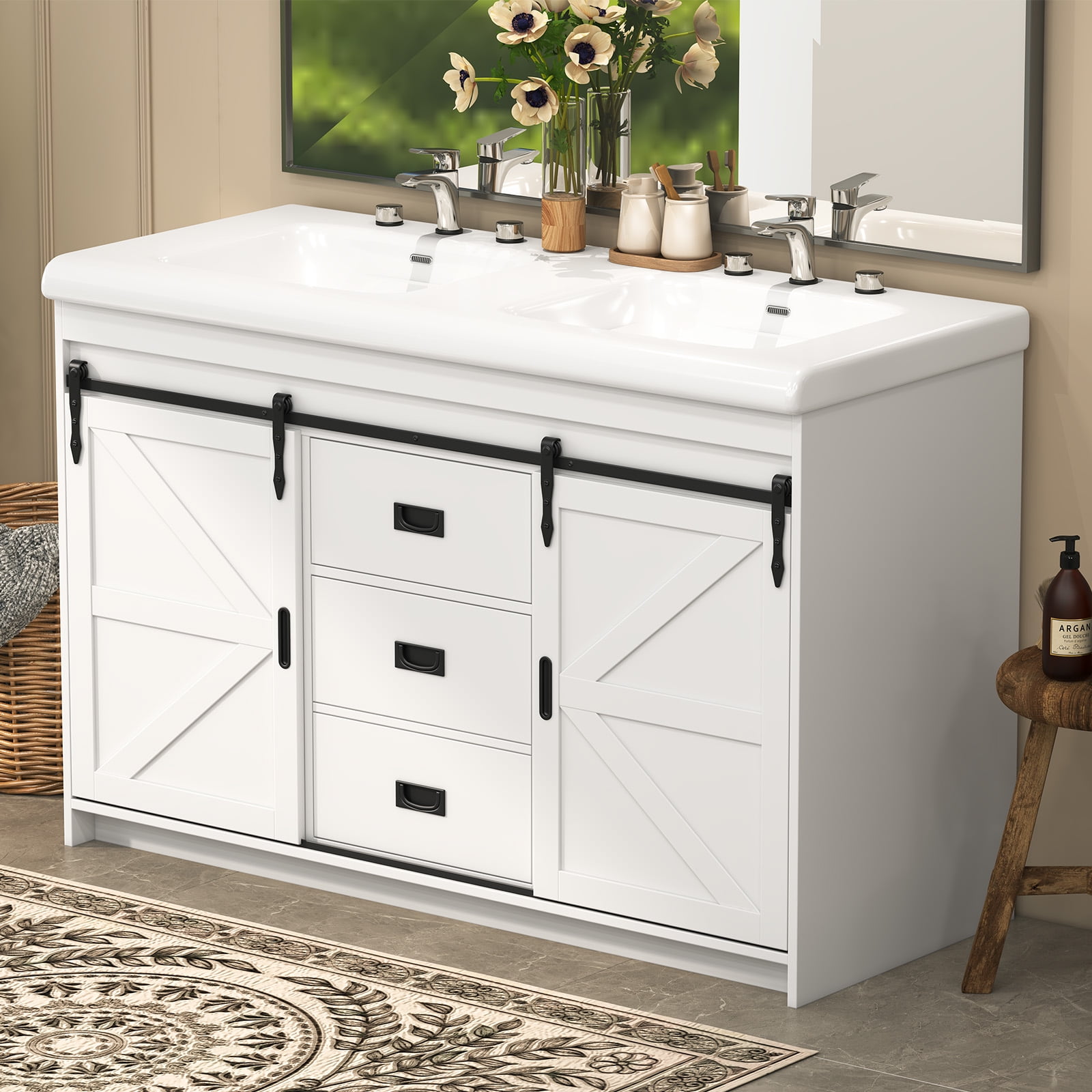 Jarbalai 47" Freestanding Bathroom Vanity with Double Ceramic Basin and Sliding Doors, White