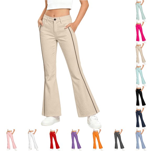CONZONE Flared Pants For Little Girls Striped Graphic Elastic Waist Drawstring Girls Pants With Pockets Slim Fit Stretchy Fall Trousers For Girls Size 5-6 Years Beige