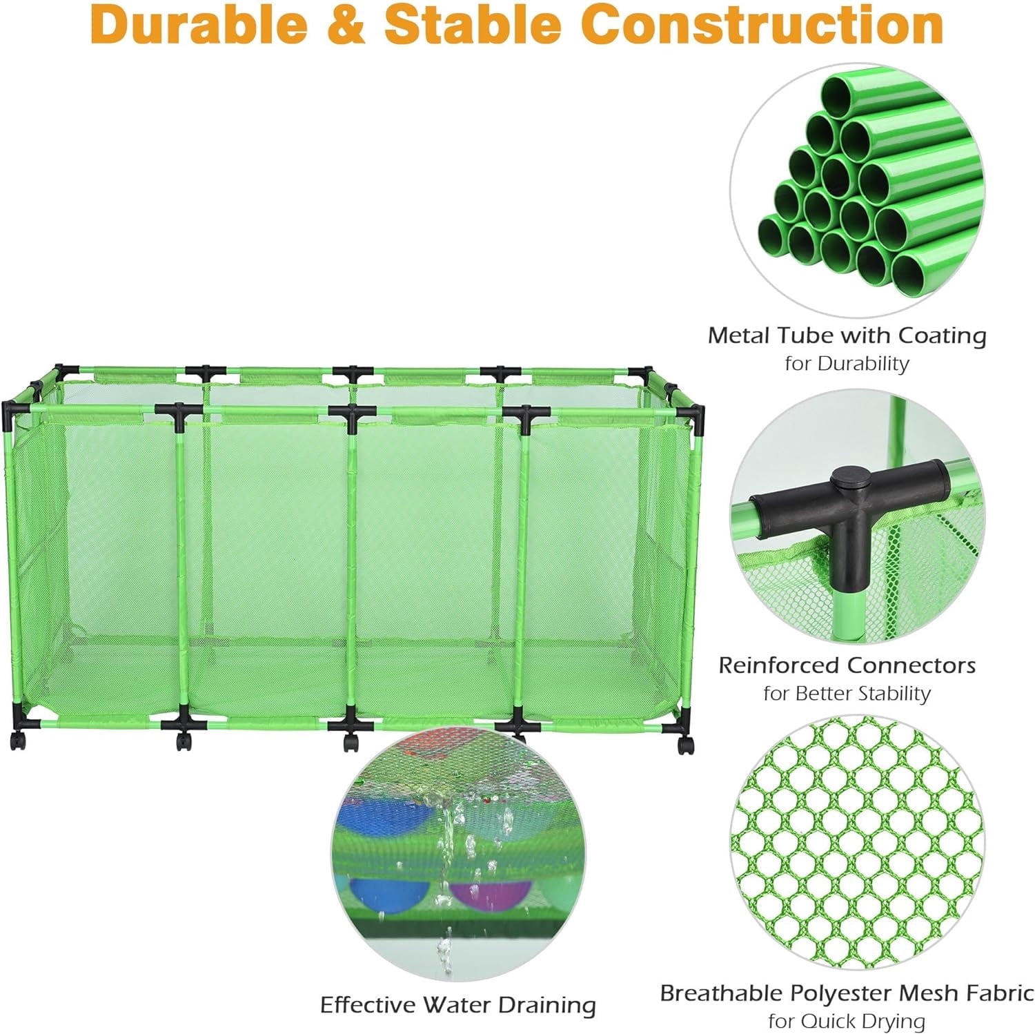 Mesh Pool Storage Bin Rolling Storage Coating Metal Frame Organizer Swimming Toys Holder Pool Float Holders Metal Frame Sturdy Connector, XXX-Large, 65" L x 30" W x 33" H, Green