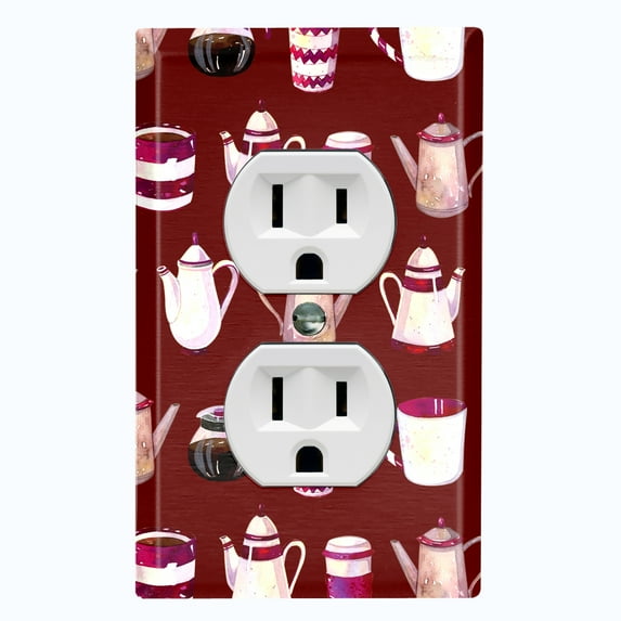 Metal Light Switch Wall Plate Outlet Cover (Coffee Mocha Espresso Tea Pot Kettle Maker Festive Cup Maroon - Single Duplex)