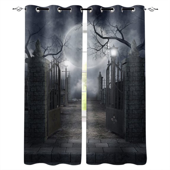 Metal Gate Horror Night Moon Window Curtains Home Decor Living Room Curtains Kitchen Drapes Panel Curtains for Bedroom