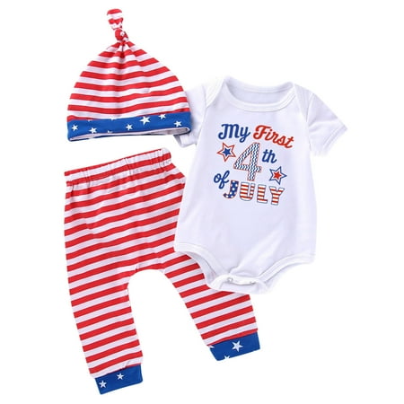 

ZRBYWB Boy Clothes Independence Day Short Sleeve Letter Print Romper Bodysuit Striped Pants Hat 3PCS Outfits Clothes Set