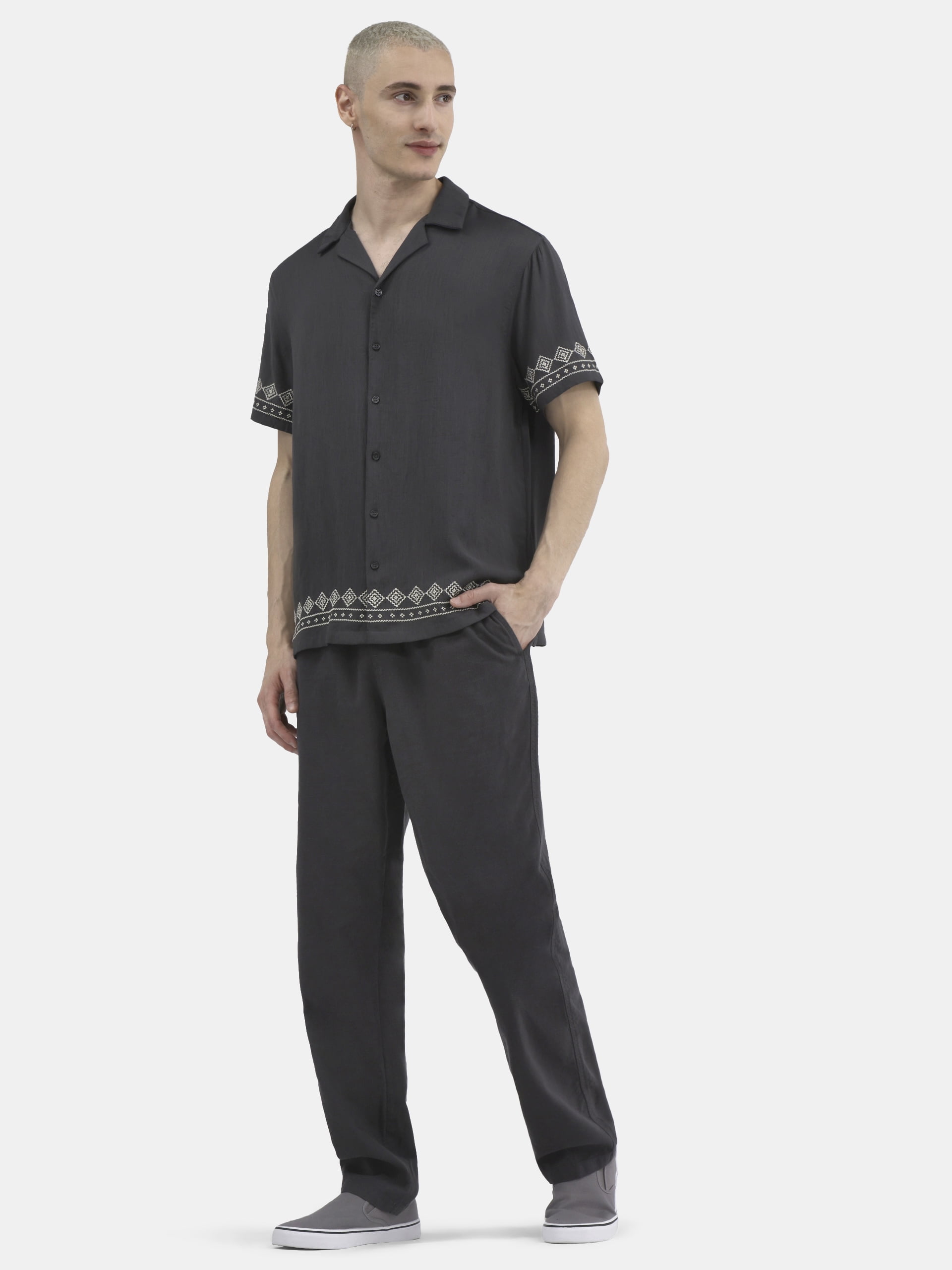 No Boundaries Men's & Big Men's Button Down Embroidered Hem Summer Shirt, Sizes XS-5XL