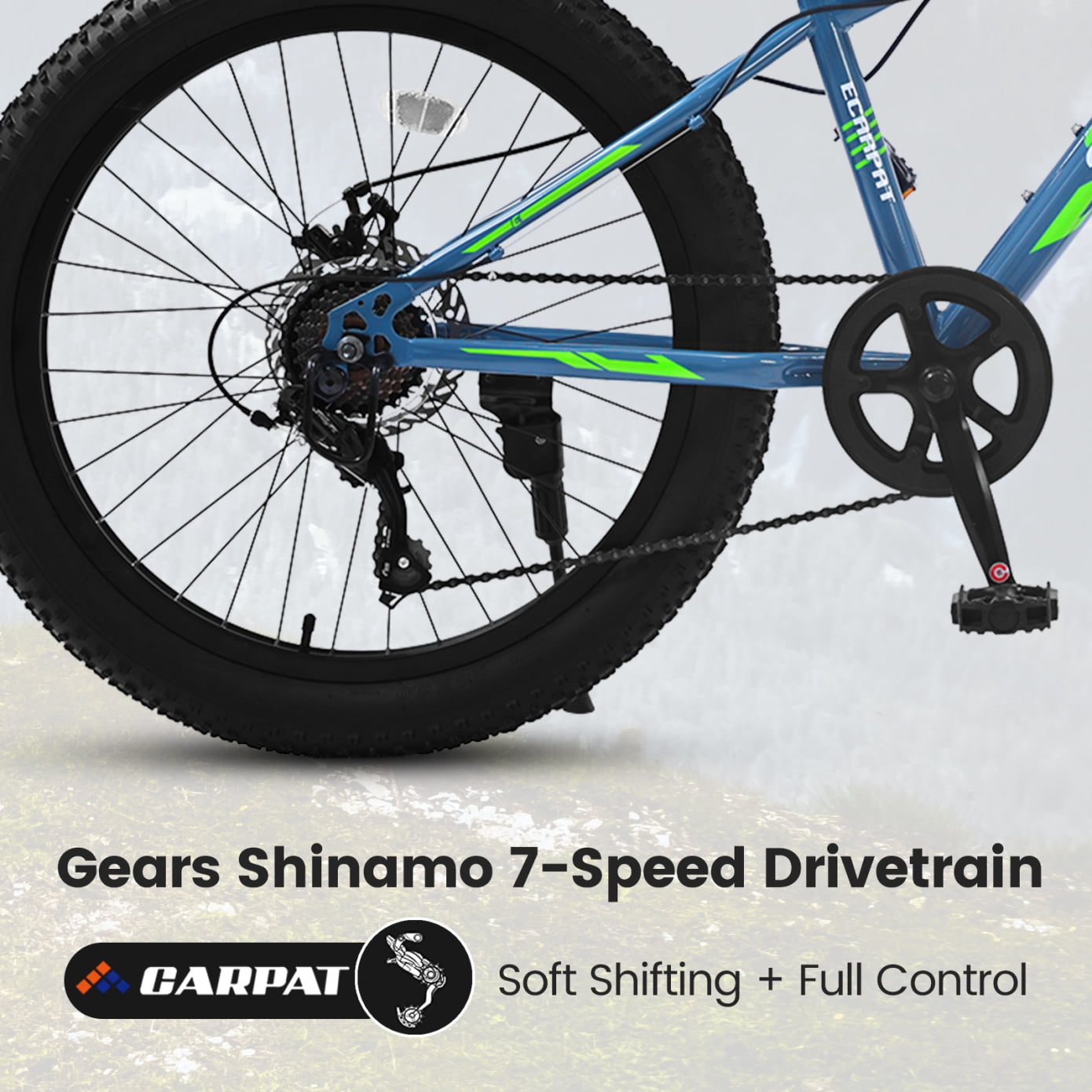 Fat Tire Mountain Bike with Dual Disc Brake, 21 Speeds High-Carbon Steel Frame Bike with Front Suspension, Adult Sport Bicycle for Men and Women, Blue and Green