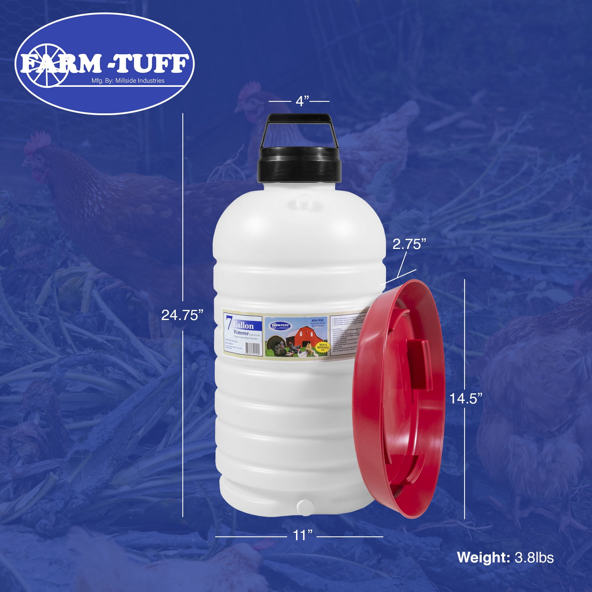 FARM-TUFF Durable Top Fill Hanging Plastic Automatic Poultry and Game Bird Fountain Waterer for Chickens, 7 Gallon Capacity
