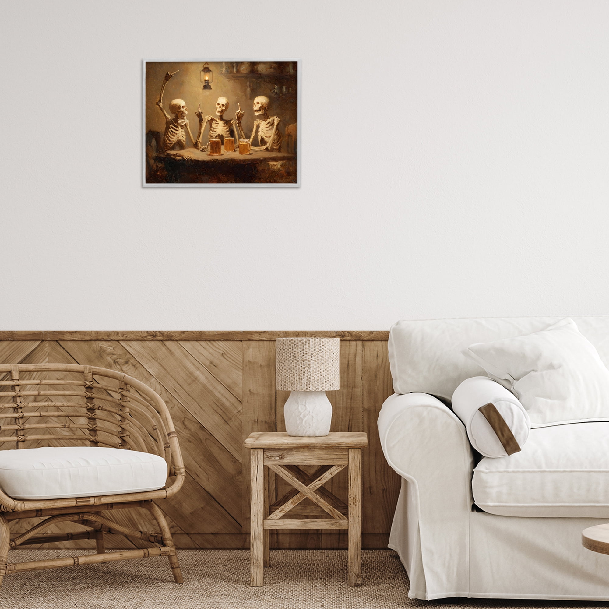 Skeletons Drinking at Tavern Gray Framed Giclee Art, design by Arlington Prints
