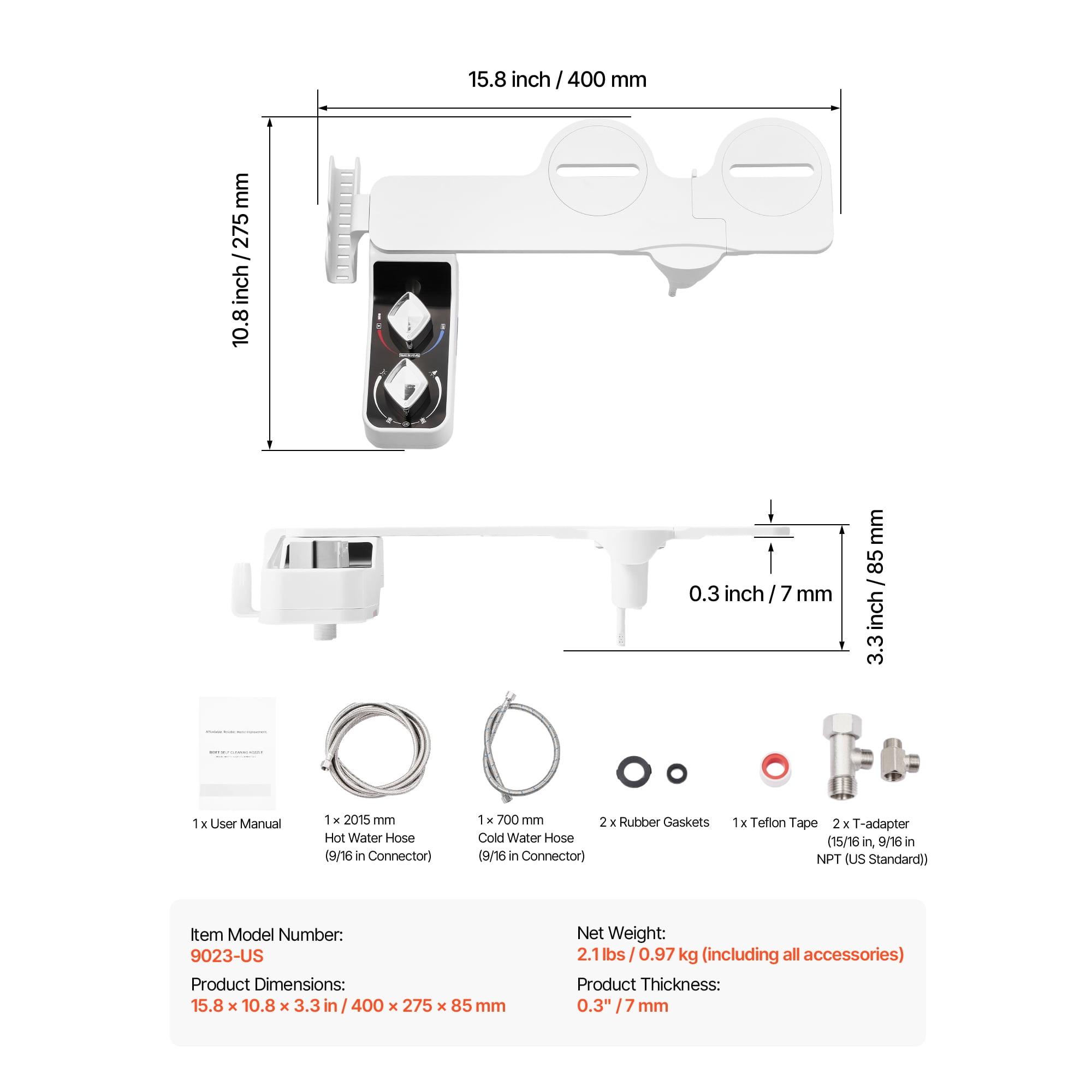 KFFKFF Non-Electric Bidet Attachment for Toilet, Hot & Cold Water Sprayer - Dual Retractable Nozzles, Adjustable Pressure, Ultra-Thin 0.3'' Design for Rear and Feminine Cleaning
