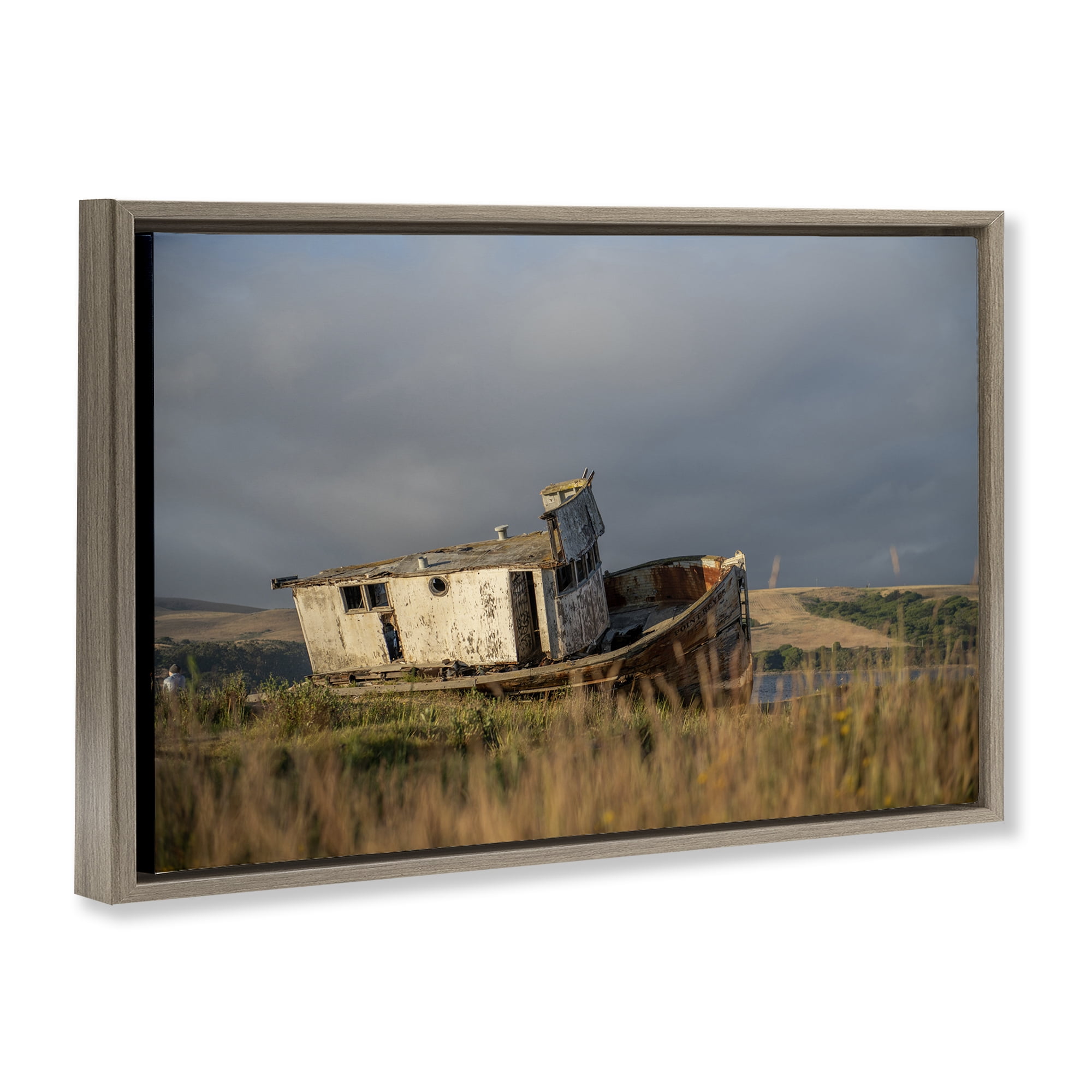 Stupell Industries Old Shipwreck on Beach Landscape & Nature Photography Brown Floater Framed Canvas Art Print Wall Art, 25 x 17
