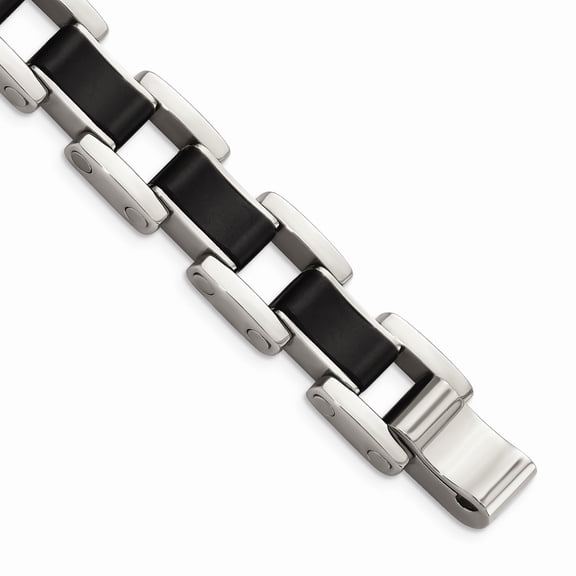 White Stainless Steel bracelet Men's Black 8.5 in Polished Rubber