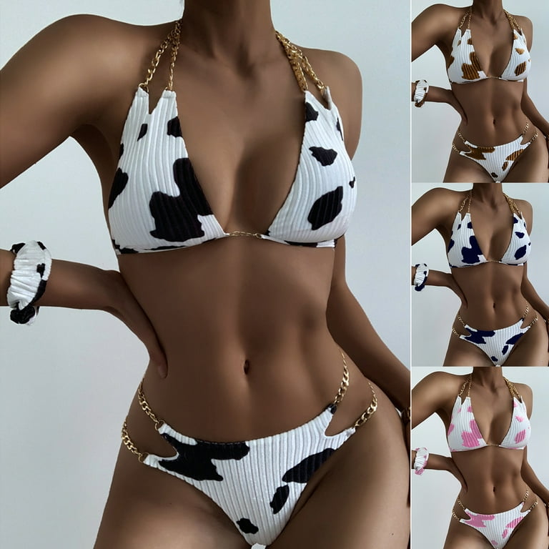 HEVIRGO 3Pcs/Set Women Swimwear Cow Print Metal Chain Summer