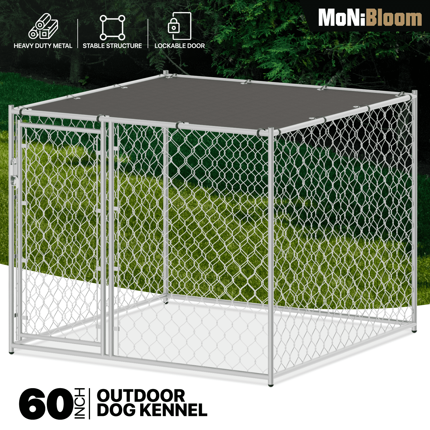 Free Shipping MoNiBloom Outdoor Dog Kennel with Shade Cover Dog Cage Enclosure Heavy Duty Chain Link for Large Dog with Lockable Door 60x60x49 Inch Silver Walmart