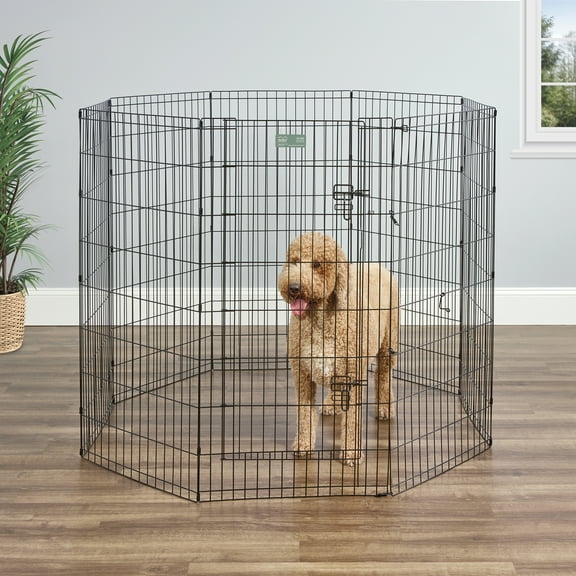 MidWest Home for Pets Metal Exercise Dog Playpen with Door, 8 Panels, 4 Ground Stakes, Foldable and Portable Pet Playpen, 48 Inch High, Black