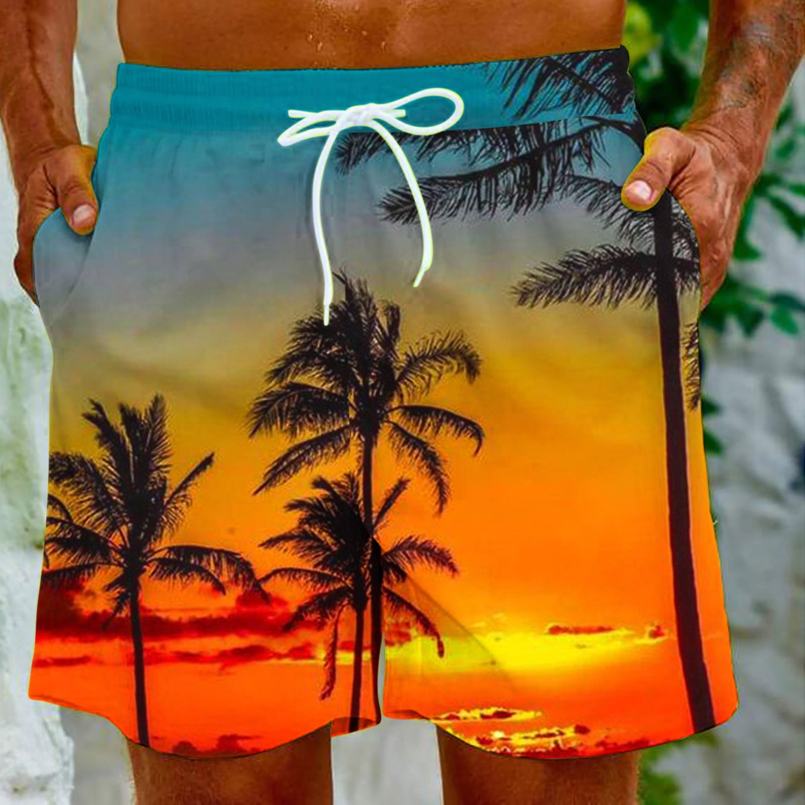 ZCFZJW Men's Swim Trunks with Pockets Tropical Palm Tree