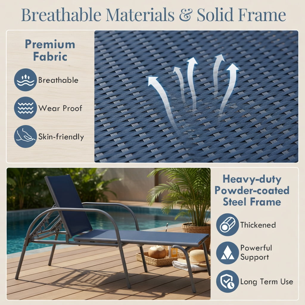 Hommoo 2-Pack Adjustable Outdoor Chaise Lounge Chairs, Fabric & Steel Patio Recliners with 5-Position Backrest, Poolside & Backyard Ready, Navy