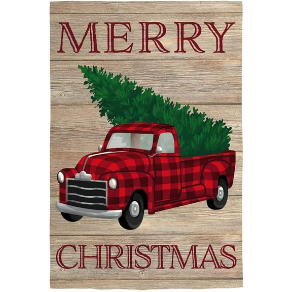 Holiday Plaid Truck Garden Flag 2 Sided Merry Christmas