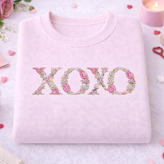 XOXO Floral Embroidered Sweatshirt, Valentines Day Crewneck Sweater, Women Valentines Shirts, Flower Letter Embroidery
