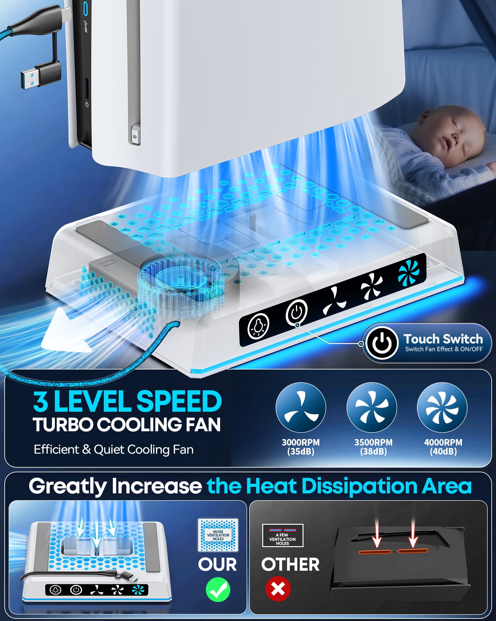PS5/Pro/Slim Stand and Cooling Station with RGB Light, 3 Adjustable Speeds Cooling Fan, PS5 Accessories