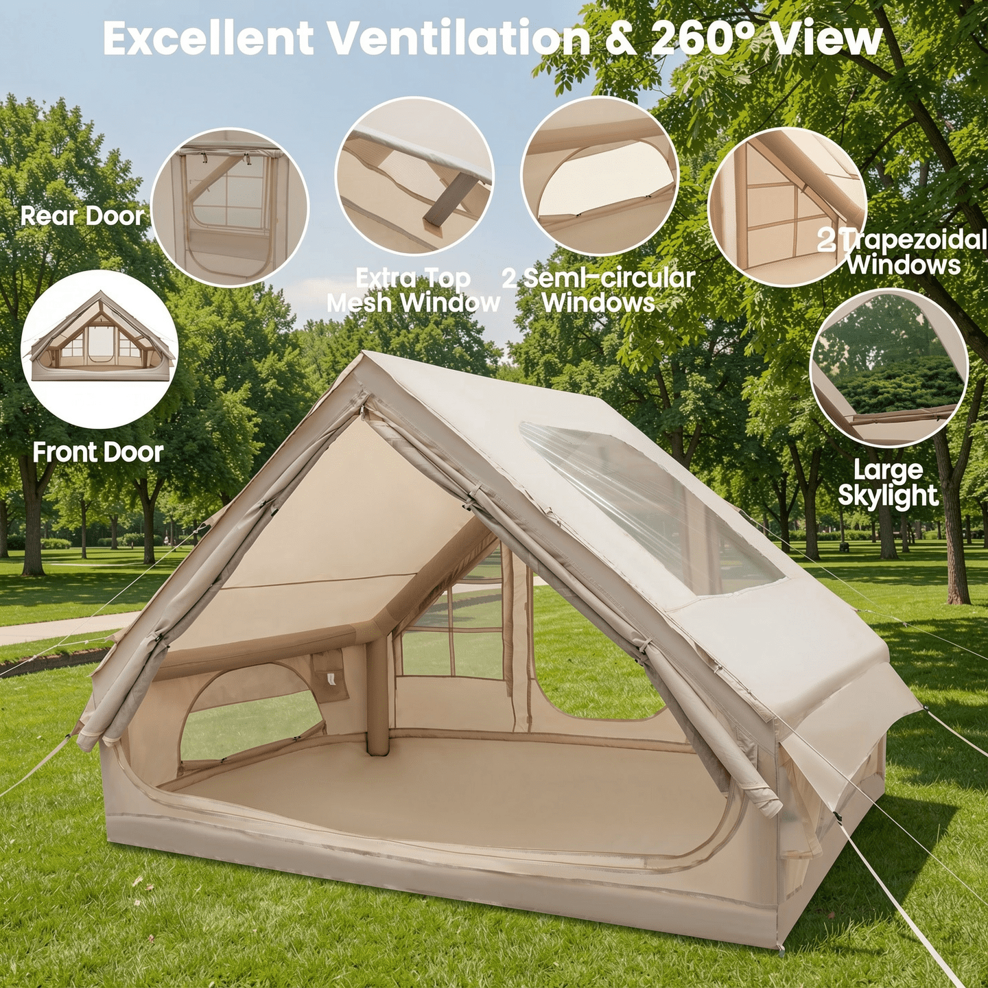 Biotree 4-6 Person Inflatable Camping Tent with Front Porch and Carrying Bag for Family Outdoor Adventures, Beige