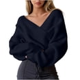 thumbnail image 2 of IUYRTFE Women's Cross V Neck Off Shoulder Knit Sweater Loose Fit Casual Batwing Sleeve Pullover Top, 2 of 6