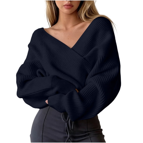 successthop Off Shoulder Sweater Juniors Long Sleeve V Neck Tops Pullover Wrap Knitwear Oversized Fall Casual Clothes